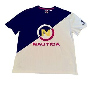 Mens Nautica Short Sleeve Shirt Size XL Logo Design 100% Cotton Blue White